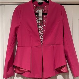 Bebe stretch twill lace up back Vibrant Pink Blazer 6 NWT